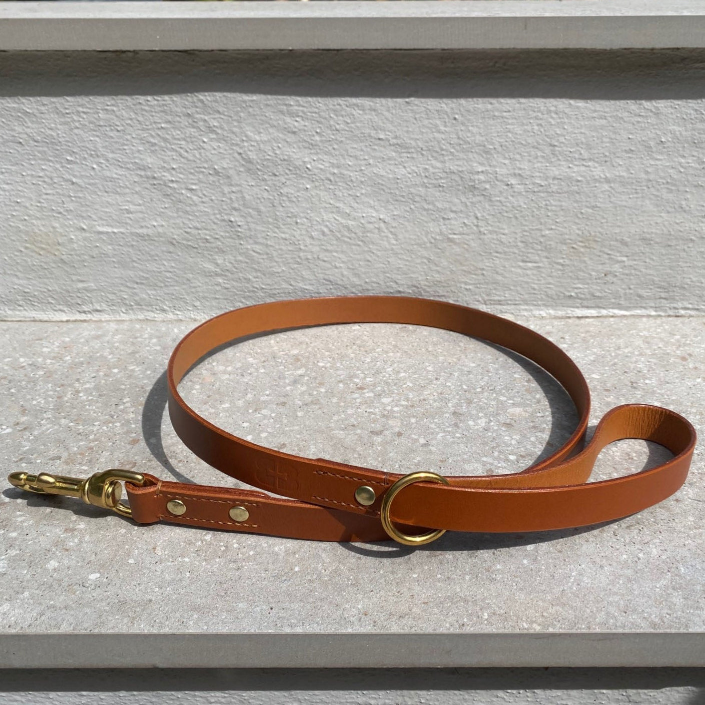 Brown leather dog leash with brass hardware on a stone surface