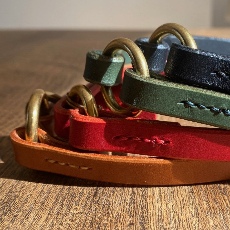 Close up of four thin leather collars in different colours