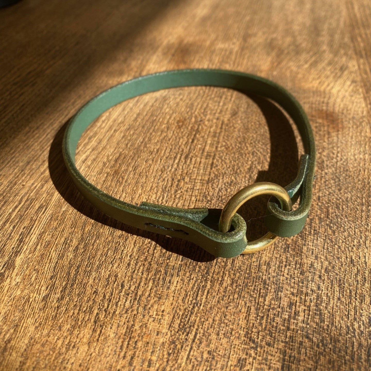 Green leather thin collar with brass clasp on a wooden surface