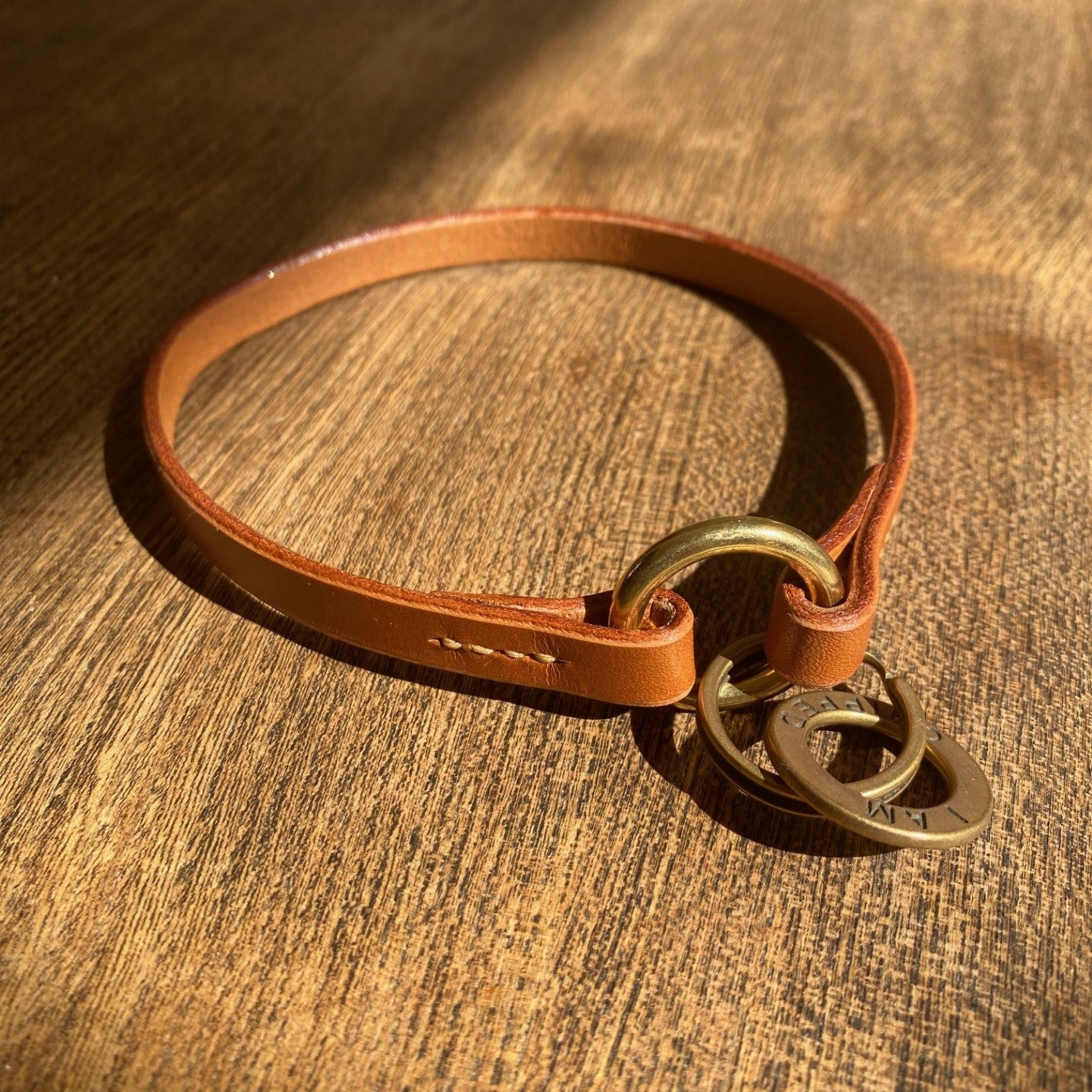 Tan leather thin collar with a brass clasp and dog tag on a wooden surface