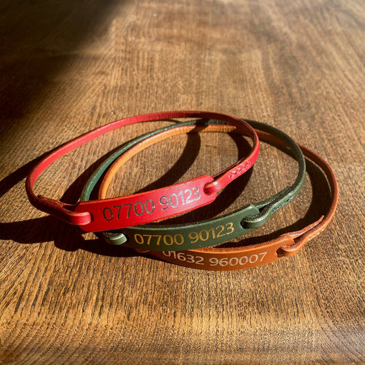 Three dog house collars in red, green, and brown on a wooden surface.